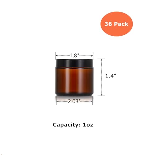 36 Pack 1oz Amber Glass Jars with Black Lids, Small Round Cosmetic Jars with with Inner Liners, Glass Containers for Homemade Creams, Candle, Skincare, Lotion, Travel