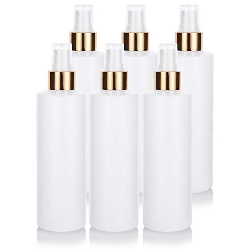 JUVITUS 8 oz Clear Natural Refillable Plastic Squeeze Bottle with Gold Metal Fine Mist Sprayer - (6 Pack)