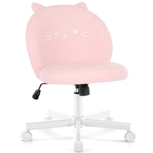 Pink Cat Vanity Chair with Plush Teddy Fleece, Armless Small Office Desk Seat - Pink-cat