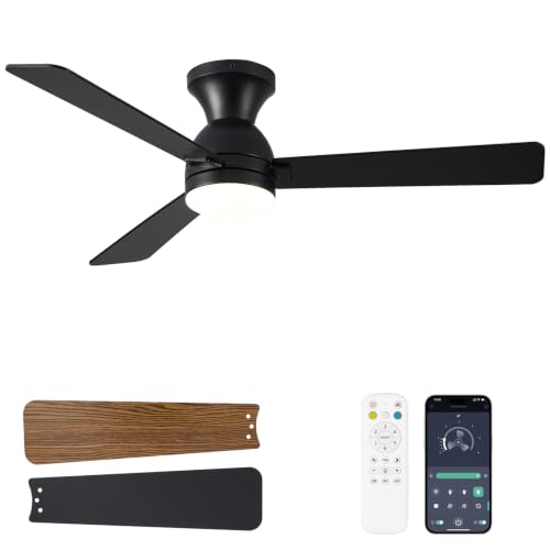 48-Inch Black Reversible Ceiling Fan with Lights & Remote Control - Low Profile Flush Mount, Dimmable LED, Quiet Operation