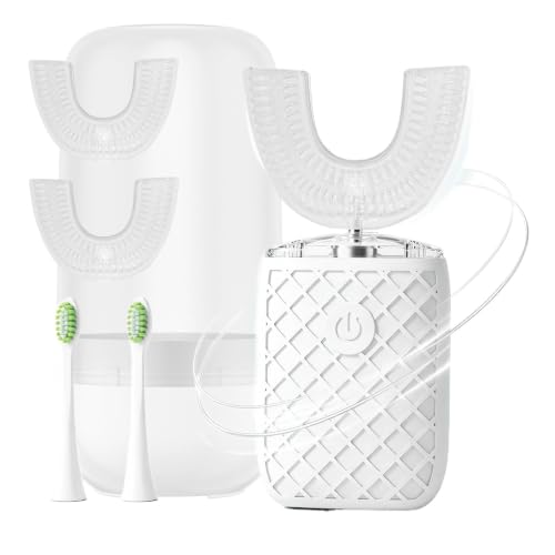 Electric Sonic U-Shaped Toothbrush for Adults with 5 Brush Heads & Storage Cup - White-Cup