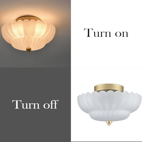 HYDELITE Gold-Milk Glass Flush Mount Ceiling Light with Scalloped Frosted Shade