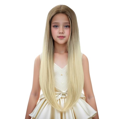 Edivd Girls Brown Ombre Blonde Long Straight Wig for Kids - Heat Resistant Synthetic Hair with Cap