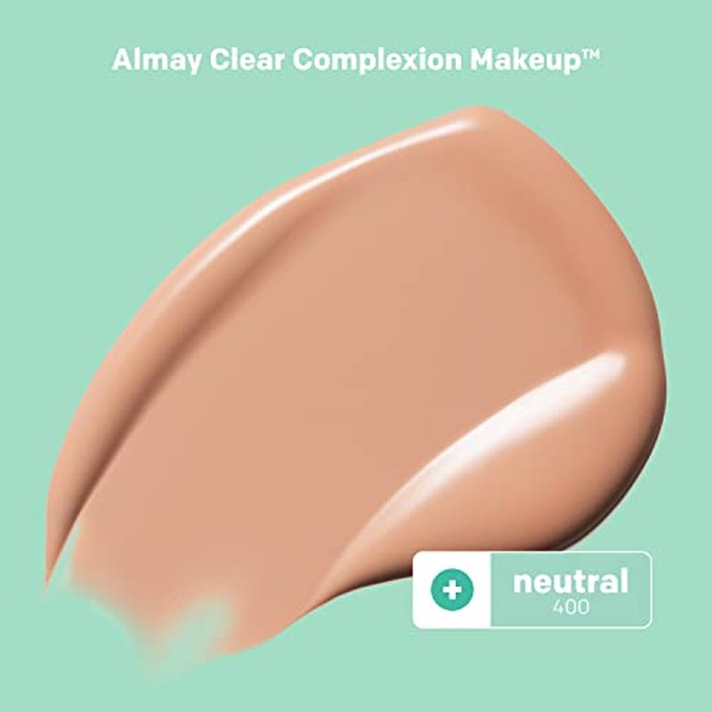 Almay Clear Complexion Acne Foundation Makeup with Salicylic Acid - Lightweight, Medium Coverage, Hypoallergenic, Fragrance-Free, for Sensitive Skin, 400 Neutral, 1 fl oz. (Pack of 4)