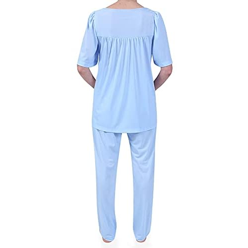 Miss Elaine PJ Set - Women's Nylon Tricot Pajama Set, Short Sleeves, Round Neckline with Embroidered Trim, Button Front Top