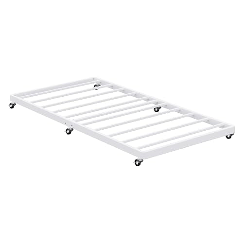 Lutown-Teen White Twin Trundle Bed Frame with Lockable Wheels