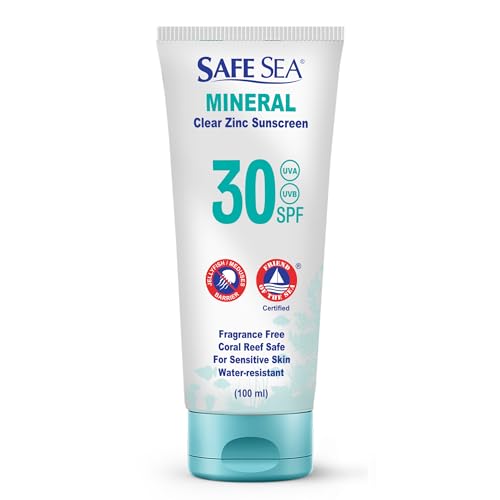 SAFE SEA Zinc Oxide Sunscreen SPF30 - 3.4oz Reef Safe Clear Face & Body Lotion, Jellyfish & Sea Lice Sting Protection (1 Pack)