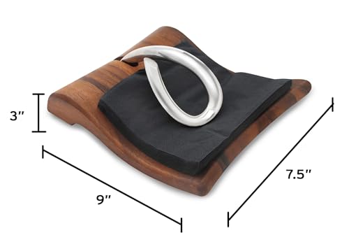 Nambe Breeze Napkin Holder - Modern Acacia Wood & Stainless Steel Tabletop Organizer