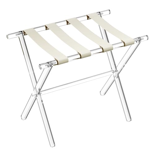 Sumerflos Beige Acrylic Luggage Rack with Leather Straps - Foldable Suitcase Stand for Hotel & Bedroom, Heavy-Duty 50-100 lb