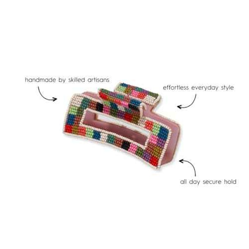 INK+ALLOY Beaded Hair Clips, Lola Large Statement Boho Cute Claw Clips for Women, Secure Hold for Thin & Thick Hair, Handmade Accessories for the Modern Bohemian, 3.5-Inches (Multi Color Checkered)