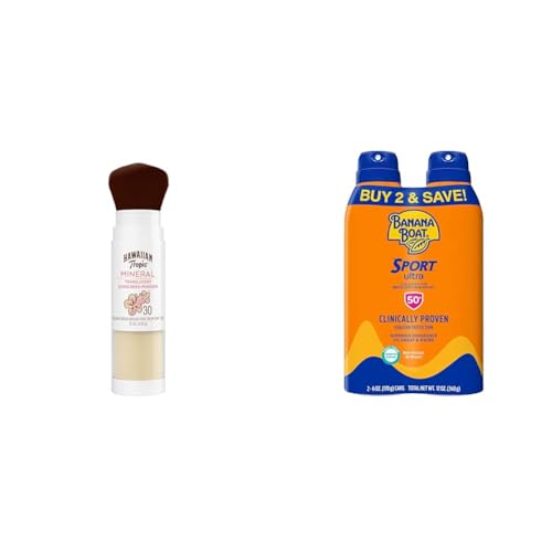 Hawaiian Tropic Mineral Powder Sunscreen Brush SPF 30 & Banana Boat Sport Ultra Water Resistant Sunscreen Spray SPF 50 Twin Pack