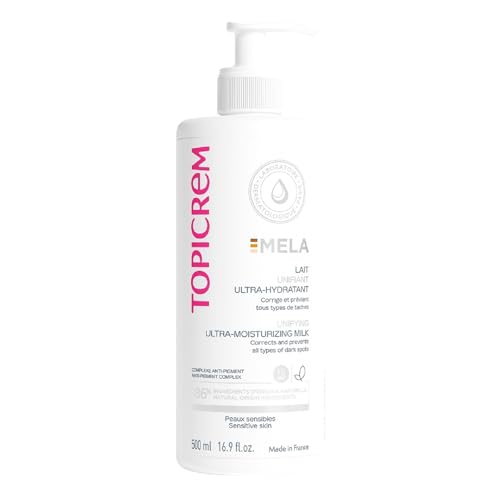 GIGATEMP Topicrem - Mela, Lait Unifiant Ultra Hydratant Corps - Hydrate 24h, Unifie le Teint, Corrige et Pr?vient l¡¯Apparition des Taches Texture Onctueuse Peaux Sensibles Nouvelle Formule 500ml