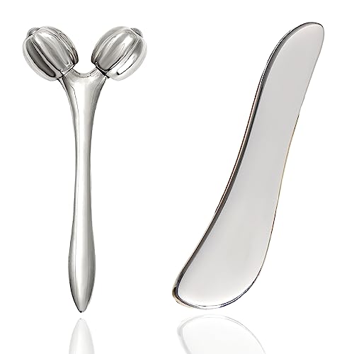 Face & Body Massager - Stainless Steel Guasha Set for Wrinkle Reduction, Chin Lift & Skin Tightening (Silver)