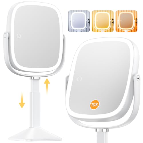 Rectangle Lighted Makeup Mirror with Magnification 1X/10X - White, Adjustable & Rechargeable
