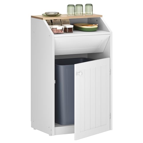 White Freestanding Trash Cabinet with Flip Door - 10 Gallon Hidden Kitchen Garbage Can - YATINEY