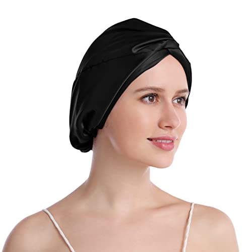 Black Mulberry Silk Sleep Cap for Women - One Size Bonnet with Elastic - Night Hair Care