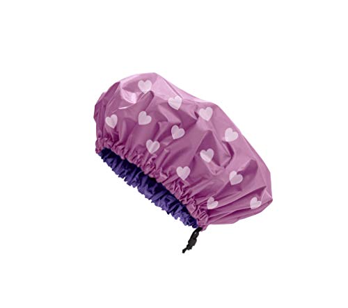 Reversible Satin Lined Shower Cap for Hair Protection - Large Pink Heart Variation