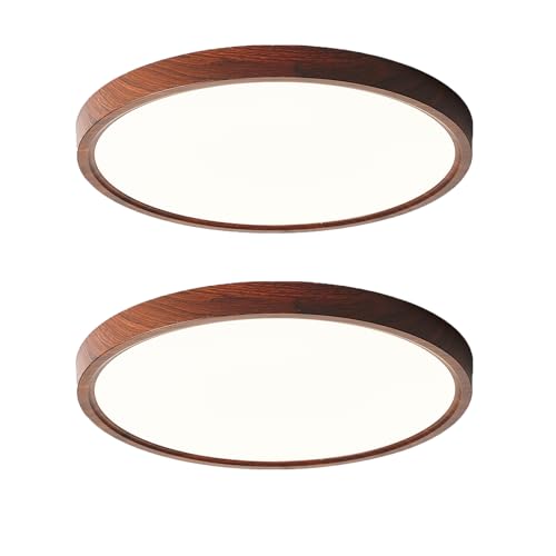 HEYAN 16-Inch Walnut Wood Flush Mount Ceiling Light Fixture 2 Pack with Adjustable Color Temperature