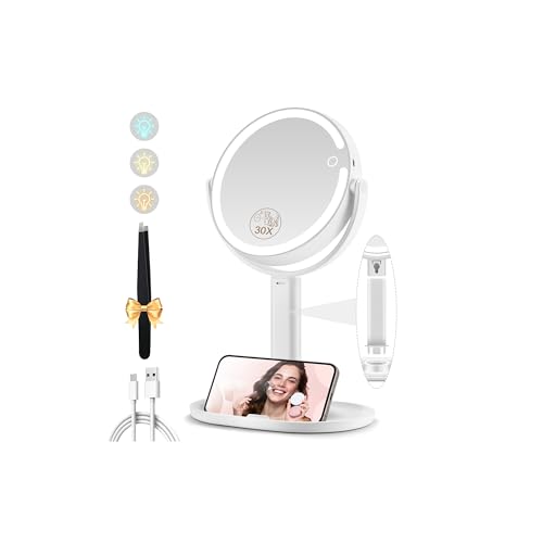 Makeup Mirror with Lights, Double Sided 1x/30x Magnifying Mirror with Light, Rechargeable 3 Color Lights and Adjustable Brightness, 360¡Æ Rotation Detachable Comes with Tweezer(White-30X)