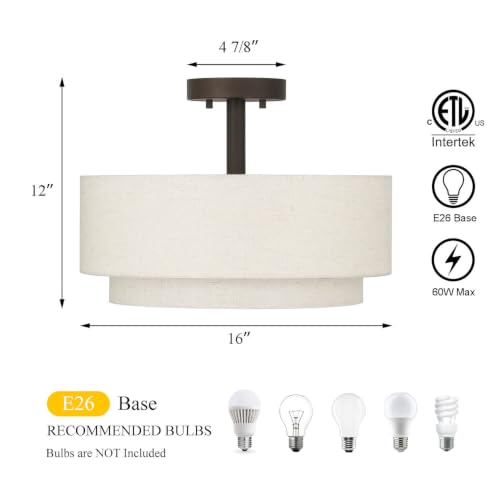 16-Inch Linen Drum Semi Flush Ceiling Light - Dark Bronze Finish