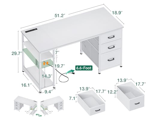 AODK 51 Inch White Computer Desk with Storage Drawers & USB Power Outlets
