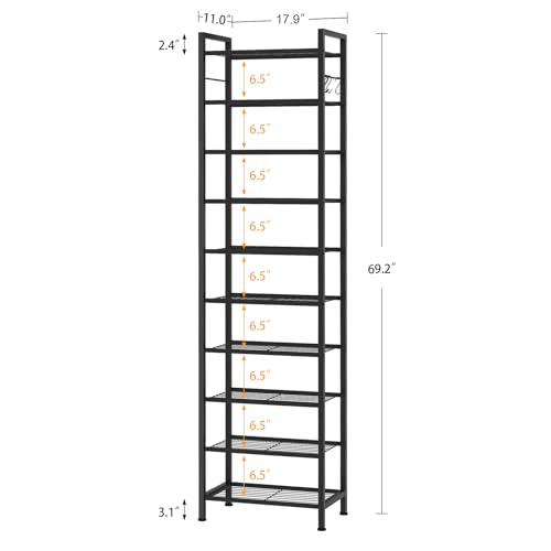 Usikey 10-Tier Narrow Metal Shoe Rack - 17.9 x 11 x 69.2 Inches Black, Space-Saving Vertical Shoe Organizer with Hooks