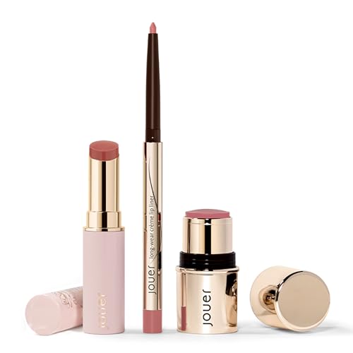 Jouer Bare Rose Collection - Blush Stick, Cream Lip Liner, Lip Plumping Balm Kit - Face Makeup in Rose Shades - Hydrating Formulas for Long Wear