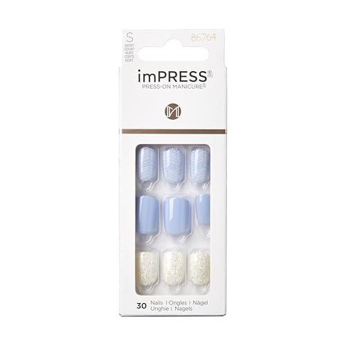 KISS Impress No Glue Manicure Press-On Nails, Light Blue, Lavender, White Glitter, Short Size, Squoval Shape, Includes 30 Nails, Prep Pad, 1 Manicure Stick, 1 Mini File