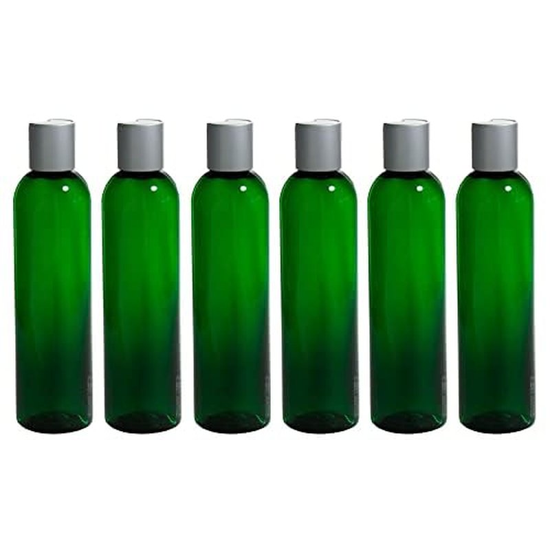 JUVITUS (6 pack) 8 oz Green Plastic PET Slim Bottles with Silver and White Disc Cap
