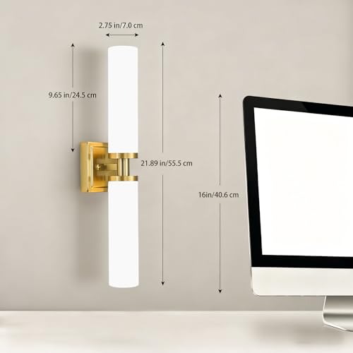 Gold Wall Sconces Set of Two - 22 Inch Modern Vanity Lights with Frosted Glass Shades