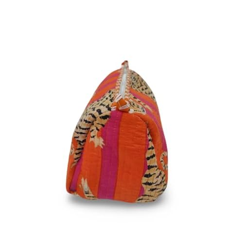 Quilted Cotton Tiger Print Travel Toiletry Bags, Cosmetic Organizer Set, Pink and Orange