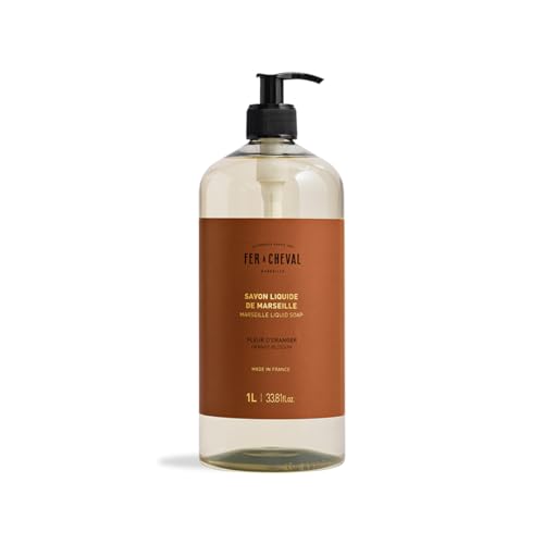 Fer a Cheval Marseille Liquid Soap, Orange Blossom, 1 L / 33.8 fl oz ? Gentle Hand and Body Wash with Shea Butter ? Made in France
