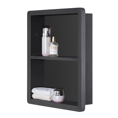 IDYLLOR Matte Black Recessed Shower Niche 14x18 Stainless Steel Bathroom Storage Cabinet
