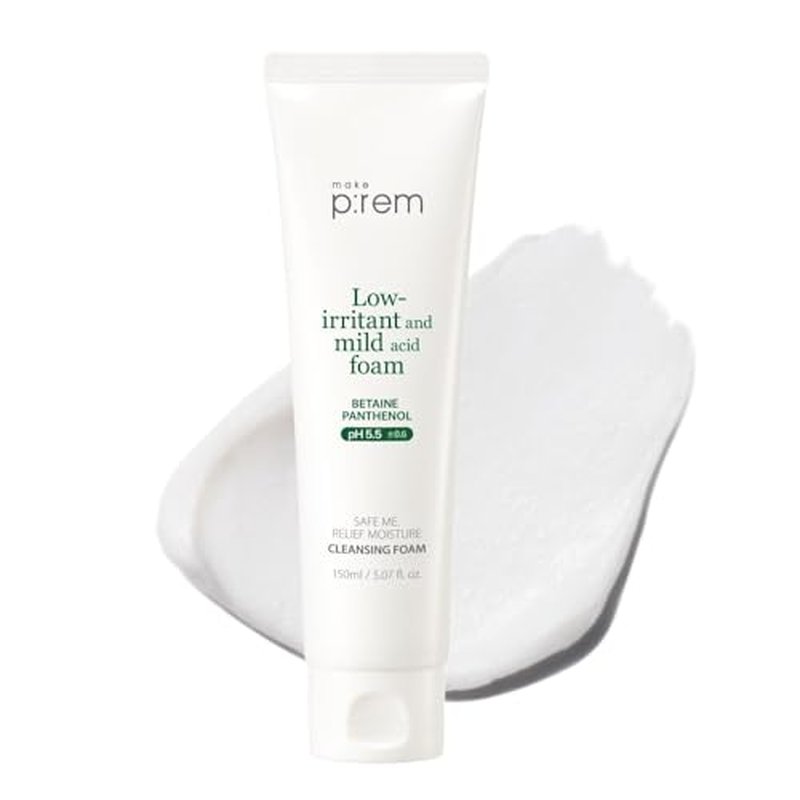MAKE P:REM Safe Me. Relief Moisture Cleansing Foam, Delicate Eye-Friendly Face Wash for Sensitive Skin, pH Balanced Deep Pore Cleansing, Korean Skin Care, 5.07 Fl Oz, 150ml