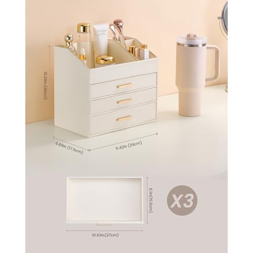 Lolalet PU Leather Makeup Organizer for Vanity Desk, 4-Layer Luxury Make Up Storage Cosmetics Holder Box with Drawers -Cream