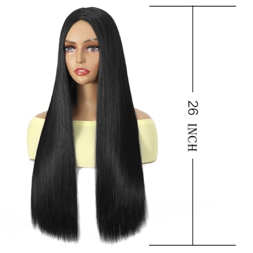 Long Black Straight Wig 26 Inch Synthetic Heat-Resistant Hair for Cosplay & Daily Wear