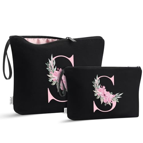 Vavabox A-Z Personalized Makeup Bag, Birthday Gifts for Women Mom, Gifts for Best Friend, Bride Bridesmaid Cosmetic bag (S, 04-Black Set)