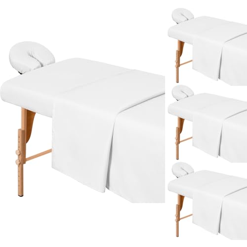 Comfyanno 4 Sets Massage Table Sheets Sets, 3 Pcs Professional Microfiber Massage Bed Sheets, Soft, Light-Weight, Stain & Wrinkle Resistant, Includes Flat & Fitted Sheet, Face Cradle Cover - White
