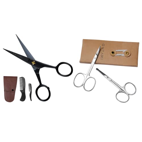 ONTAKI 3 Scissors pack - 1 German Beard & Mustache Scissors With Comb - 2 Facial Grooming Nose Hair Scissors - (1 Curved Blade Tip & 1 Safety Blunt Rounded Tip)