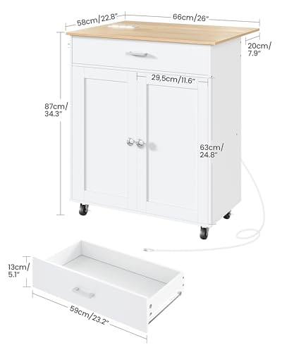 Kitchen Island Cart with Drop Leaf, Power Strip, Storage Cabinet & Drawer - White & Natural