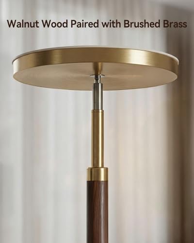 JOOFO Walnut Wood & Brushed Brass LED Torchiere Floor Lamp with Remote, Dimmable 3000LM