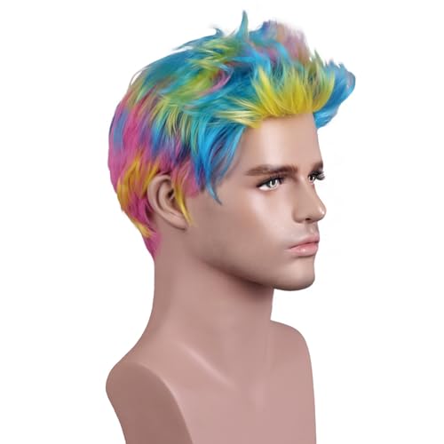 Rainbow Short Straight Synthetic Wig for Men & Boys - Cosplay & Party
