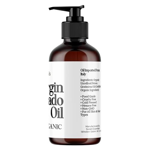 Sweet Essentials Premium Organic Unrefined/Virgin Avocado Oil, 8oz with Pump, Imported From Italy, 100% Pure, NON-GMO, Cold Pressed, Food Grade, Green in Color