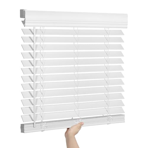Faux Wood Blinds for Indoor Windows - 58x60 Inch White Cordless Room Darkening Shades with Crown Valance