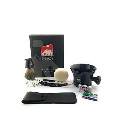 G.B.S Men¡¯s Shaving Set, Black Shavette Barber Replaceable Blade Razor, Shaving Brush with Stand, Ceramic Shaving Mug, Natural Shaving Soap and Leather Case