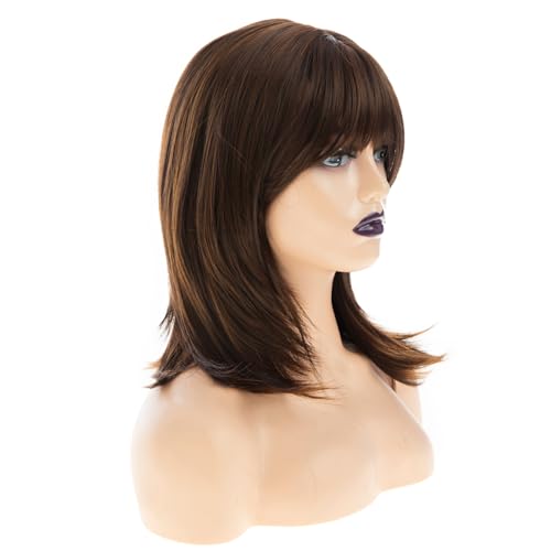 Wiwige Brown Long Straight Layered Wig with Bangs Synthetic Heat-Resistant for Women