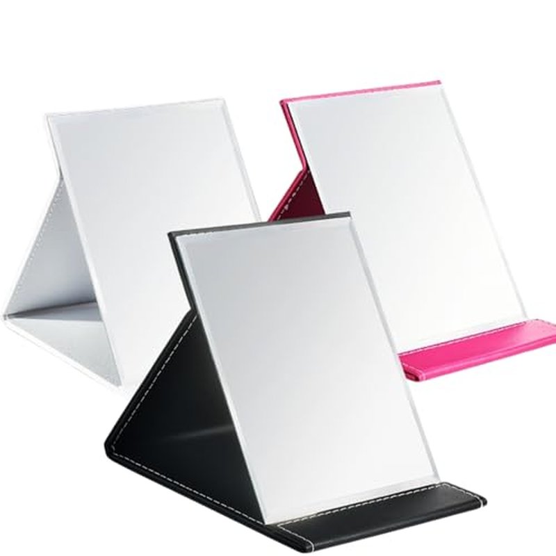 Goaste 3 Pack Portable Folding Makeup Mirror with Stand, 8x6 Inches PU Leather Travel Vanity Mirror, Adjustable Office Tabletop Mirror for Cosmetics Personal Beauty, Assorted Colors