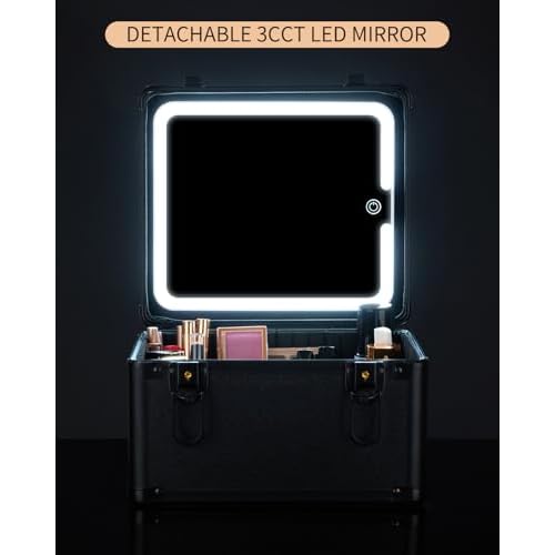 Makeup Case with Lighted Mirror, Travel Makeup Bag Organizer with 3CCT LED Mirror, Cosmetic Bag for Women with Adjustable Divider, Makeup Storage Box with Lock, Waterproof Travel Train Case
