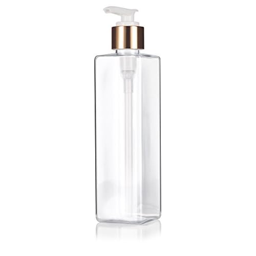 8 oz / 250 ml Clear Plastic PET Square Bottle (BPA Free) with Gold Lotion Pump (6 Pack)