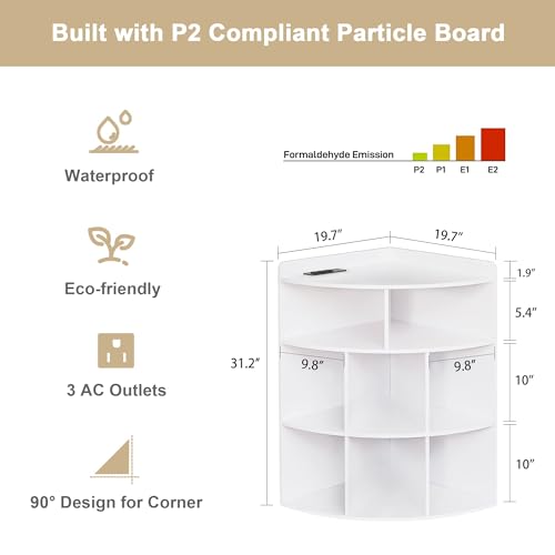 VECELO White Corner Cube Shelf with USB Ports & Adjustable Shelves